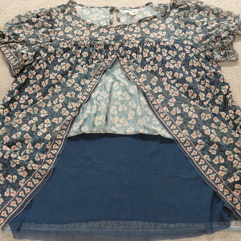 Max Studio Womens Peasant Top 1X Boho Short Sleeve Floral Cottage Lined Sheer - Picture 6 of 12